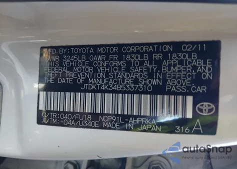 2011 Toyota Yaris из США, поврежденный, VIN JTDKT4K34B5337310